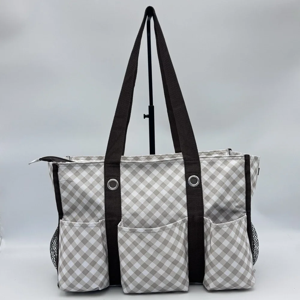 Thirty One 31 Zip Top Organizing Tote 7 Pocket Medium Taupe Brown Gingham Bag
